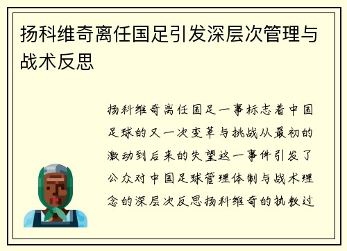 扬科维奇离任国足引发深层次管理与战术反思