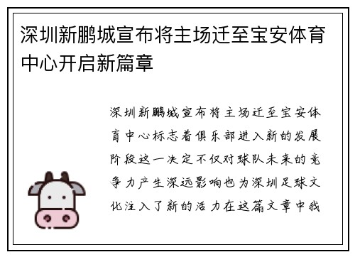 深圳新鹏城宣布将主场迁至宝安体育中心开启新篇章